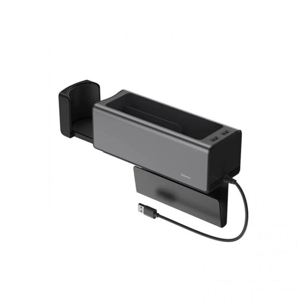 حامل منظم السيارة المعدني الفاخر من باسيوس مع حامل أكواب، 2x شاحن USB، أسود