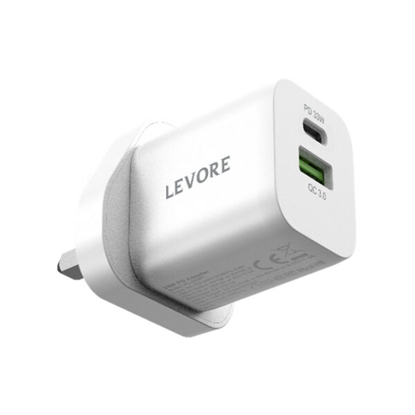 Levore Wall Charger 33W 1XUSB-C PD and 1XUSB-A QC3 Port - White1