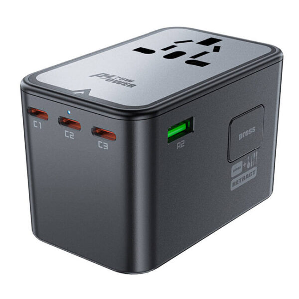 " محول شحن متعدد الوظائف من ايس فاست بقدره 75 وات مزود بمنفذ USB و3منافذ تايب سي ومنفذ كهربائي بقدره 22300وات ومزود بخاصيه GAN اللون اســود "