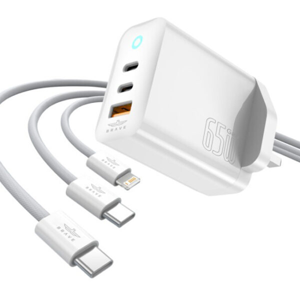 Brave 65W GaN USB-C Fast Charger with Power Delivery & Quick Charge – 2 USB-C & 1 USB-A
