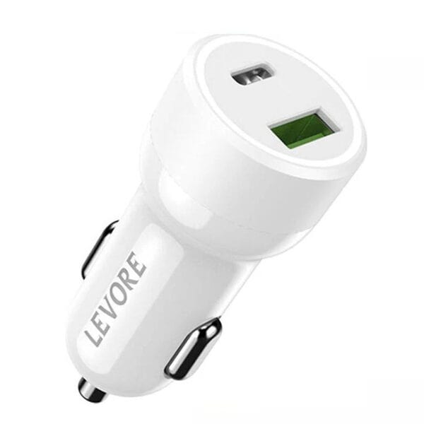 Levore Car Charger 43W 1XUSB-C PD and 1XUSB-A QC3 Port - White