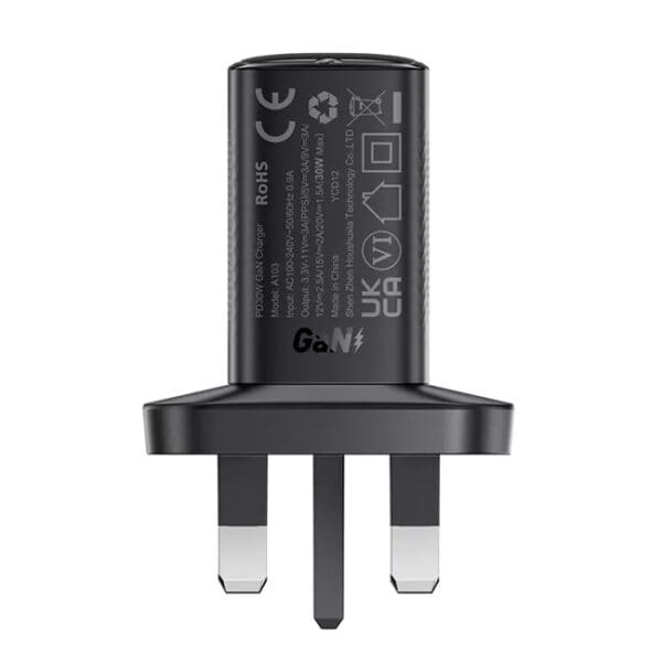 أيسفاست - 30 واط توصيل الطاقة USB-C من GaN USB-C 3 سنون قابس شحن المملكة المتحدة - أسود