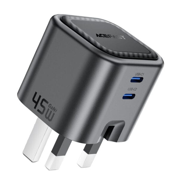 شاحن حائط Acefast سريع الشحن A121 PD45W GaN (منفذين USB-C) – المعيار البريطاني (UK)