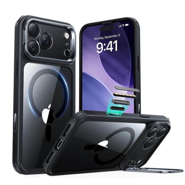 ESR iPhone 17 Pro Max  HaloLock Classic Hybrid Case with Stash Stand (Clear Black)